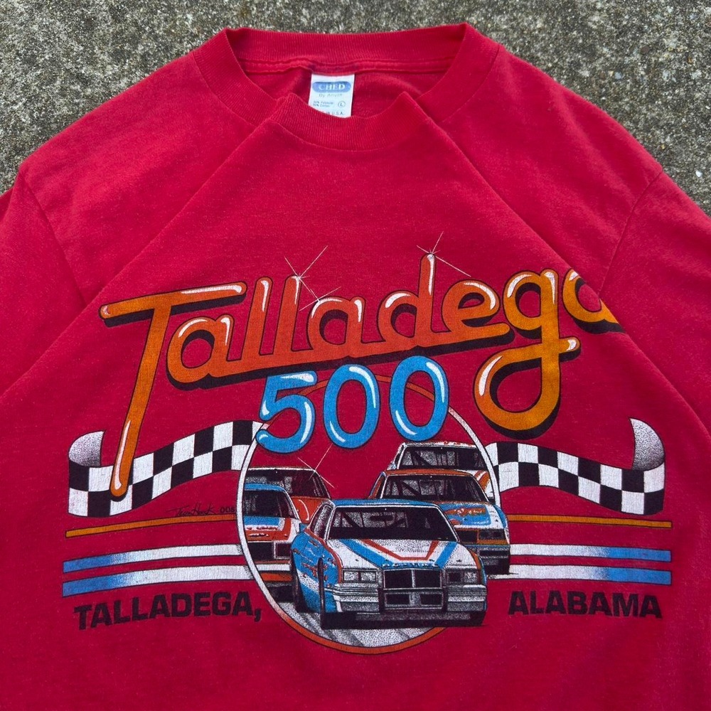 Vintage 80s Ched Talladega 500 NASCAR Racing Single Stitch Red L (d7)